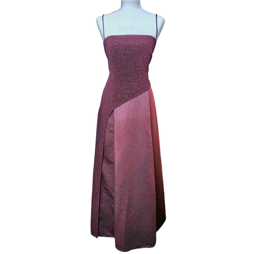 Strappy Burgundy & Silver Shimmery Layered Formal Gown With Crinoline Size 12/14